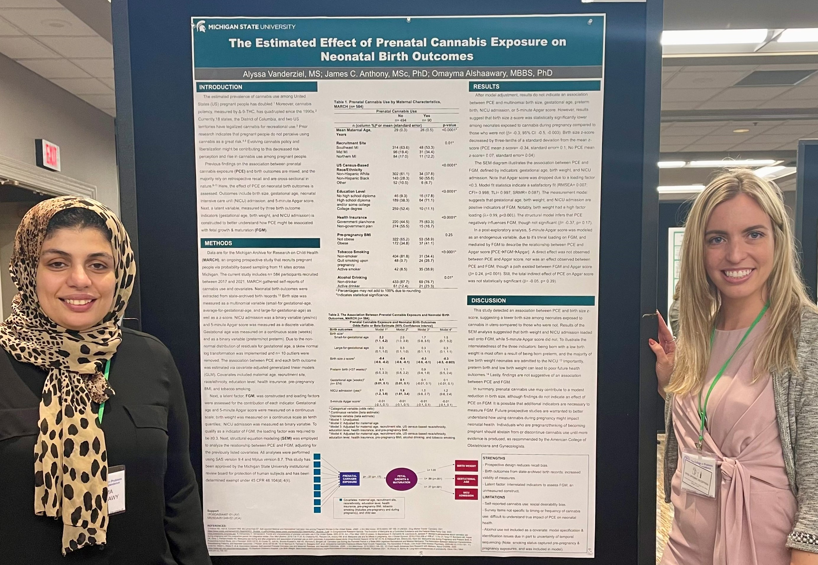 Omayma Alshaarawy, PhD, with Alyssa Vanderziel, PhD, who presented her poster on “ The Estimated Effect of Prenatal Cannabis Exposure on Neonatal Birth Outcomes.”