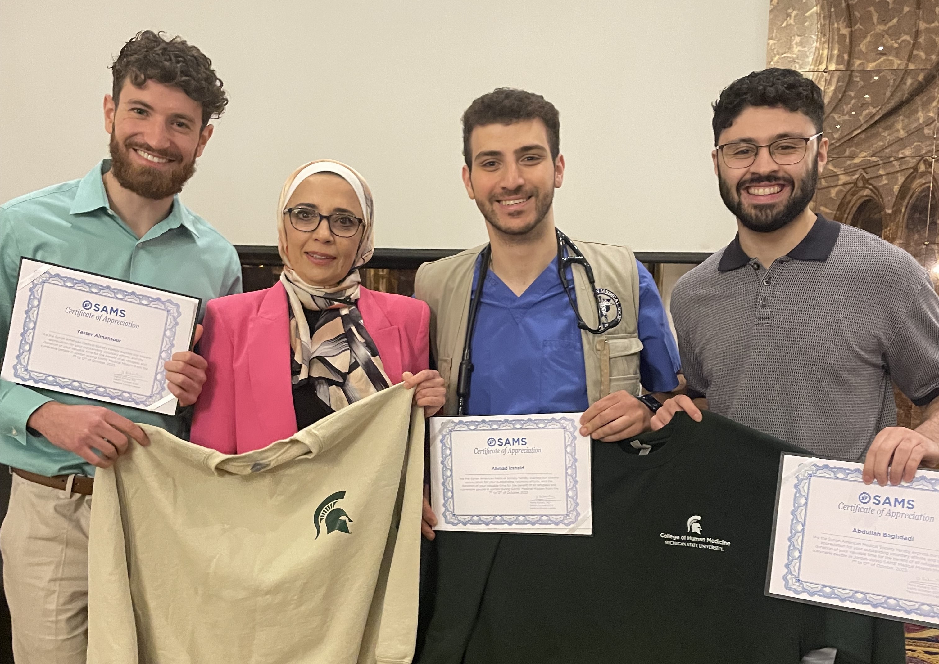 Yasser Almansour, MS3, Dr. Hend Azhary, Ahmad Irshaid, MS3, and Abdullah Baghdadi, MS2[/caption]   "This trip was a great experience in several ways. I was immersed in a different culture (or cultures), a different language, and a different medical system.  I also enjoyed working with Jordanian medical students and interns—they were all very dedicated and provided good translation and perspective.  In addition, since my grandparents were refugees, I found it gratifying to work with a similarly displaced pop